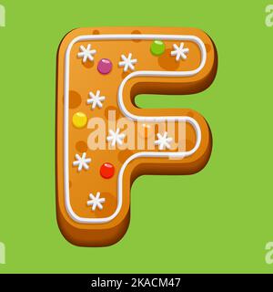 Weihnachts-Lebkuchenkekse. Lebkuchenbuchstabe F. hausgemachte Winterkekse in Form des Buchstabens F mit Zuckerzuckerung und Marmelade. Vektor illustrr Stock Vektor