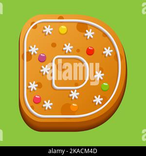 Weihnachts-Lebkuchenkekse. Lebkuchenbrief D. hausgemachte Winterkekse in Form des Buchstabens D mit Zuckerzuckerung und Marmelade. Vektor illustrr Stock Vektor