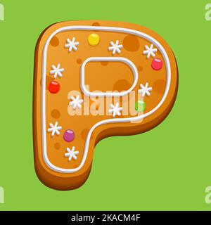 Weihnachts-Lebkuchenkekse. Lebkuchenbuchstabe P. hausgemachte Winterkekse in Form des Buchstabens P mit Zuckerzuckerung und Marmelade. Vektor illustrr Stock Vektor