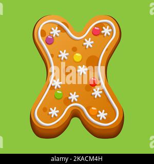 Weihnachts-Lebkuchenkekse. Lebkuchenbuchstabe X. hausgemachte Winterkekse in Form des Buchstabens X mit Zuckerzuckerung und Marmelade. Vektor illustrr Stock Vektor