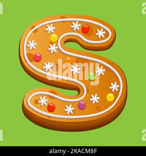 Weihnachts-Lebkuchenkekse. Lebkuchenbuchstabe S. hausgemachte Winterkekse in Form des Buchstabens S mit Zuckerzuckerung und Marmelade. Vektor illustrr Stock Vektor