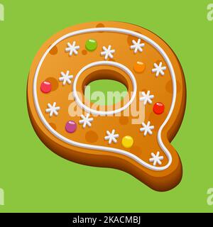 Weihnachts-Lebkuchenkekse. Lebkuchenbrief Q. hausgemachte Winterkekse in Form des Buchstabens Q mit Zuckereizing und Marmelade. Vektor illustrr Stock Vektor