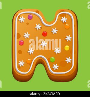 Weihnachts-Lebkuchenkekse. Lebkuchenbrief N. hausgemachte Winterkekse in Form des Buchstabens N mit Zuckerzuckerung und Marmelade. Vektor illustrr Stock Vektor