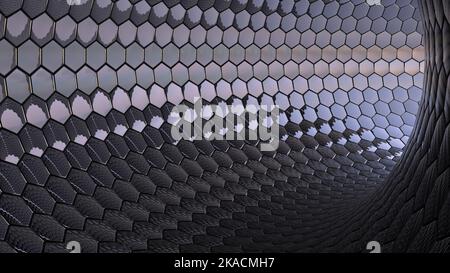 3D Render - geometrischer Hintergrund in Form eines Tunnels aus schwarzen Sechsecken. Stockfoto