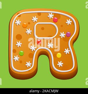 Weihnachts-Lebkuchenkekse. Lebkuchenbuchstabe R. hausgemachte Winterkekse in Form des Buchstabens R mit Zuckerzuckerung und Marmelade. Vektor illustrr Stock Vektor