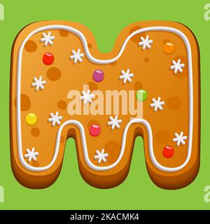 Weihnachts-Lebkuchenkekse. Lebkuchenbrief M. hausgemachte Winterkekse in Form des Buchstabens M mit Zuckerzuckerung und Marmelade. Vektor illustrr Stock Vektor