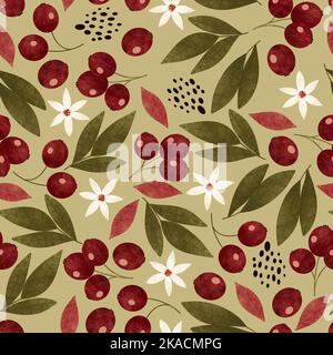Rote Beere mit Blättern und weißen Blumen Ausschneiden strukturierte Illustration auf hellgrünem Hintergrund Wiederholen Nahtloses Muster-Design für Stofftapete Stockfoto