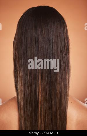 Schönheit, Haarpflege und Frau mit Balayage in einem Studio von hinten mit einer schönen Frisur. Wellness, natürlich und Modell mit langen, geraden und Stockfoto