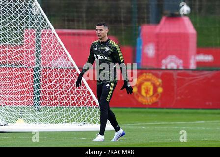 Cristiano Ronaldo von Manchester United während einer Trainingseinheit im Aon Training Complex, Carrington. Bilddatum: Mittwoch, 2. November 2022. Stockfoto