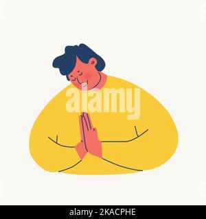 Ein junger Mann faltet seine Hände im Gebet oder beugt sich respektvoll. Lächelnder Charakter macht Namaste. Respektvolle Gesten. Vektorgrafiken. Stock Vektor