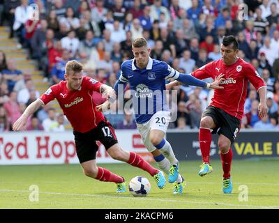 31.. August 2013- Barclays Premiership - Cardiff City vs Everton - Ross Barkley aus Everton versucht, sich durch die Verteidigung von Everton zu weben - Foto: Paul Roberts/Pathos. Stockfoto