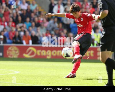 31.. August 2013- Barclays Premiership - Cardiff City vs Everton - Kim Bo-Kyung aus Cardiff City schießt weit - Foto: Paul Roberts/Pathos. Stockfoto