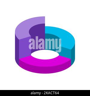 Farbenfrohes 3D-Kreisdiagramm-Symbol. Kreisdiagramm mit drei Teilen oder Ebenen. Diagramm für das Wachstum von 3 Optionen. Blaue, violette, rosa Elemente. Vektor der Unternehmensfinanzierung. Stock Vektor