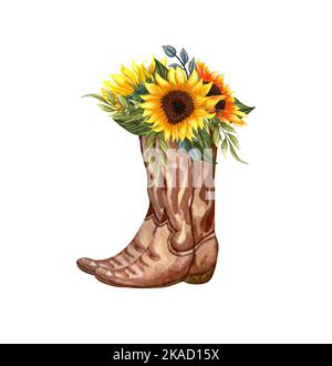 Aquarell Blumen in Stiefeln. Cowboy Stiefel und Sonnenblumen. Bauernhaus rustikalen Clipart isoliert auf weißem Hintergrund. Stockfoto