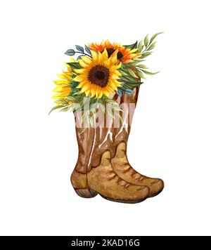 Aquarell Blumen in Stiefeln. Cowboy Stiefel und Sonnenblumen. Bauernhaus rustikalen Clipart isoliert auf weißem Hintergrund. Stockfoto