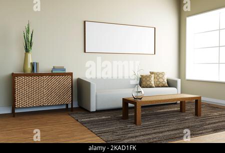 Graues Sofa auf Holzboden, Beistelltisch aus Holz im Wohnzimmer mit weißer Wand. 3D Abbildungen. Stockfoto