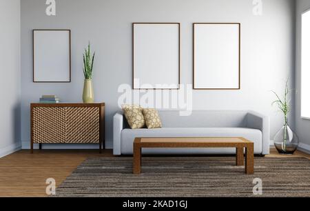Graues Sofa auf Holzboden, Beistelltisch aus Holz im Wohnzimmer mit weißer Wand. 3D Abbildungen. Stockfoto