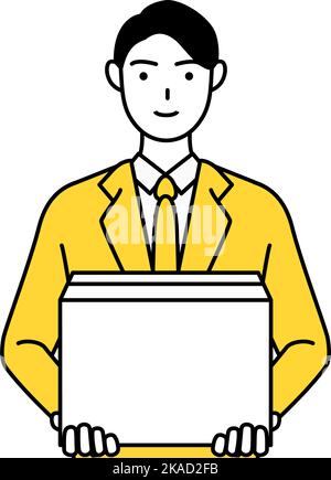 Einfache Linienzeichnung Illustration eines Geschäftsmannes in einem Anzug mit Pappkartons. Stock Vektor