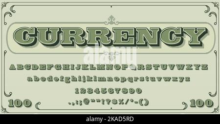 Geldschrift, Vintage-Schrift oder Schrift Alphabet Typografie, Vektor Währung Cash Letters. Dollar-Alphabet oder Währung Retro-Schrift mit Guilloche-Muster, Banknotensatz mit Zertifikat alten Buchstaben Stock Vektor