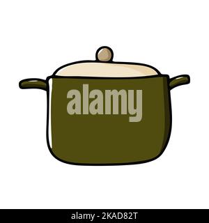 Doodle-Pot-Bild. Handgezeichneter farbiger Kochtopf isoliert auf weißem Hintergrund. Gemütliche Küchenutensilien, niedliches Geschirr, Suppengeschirr, Kochen, Brühe. Ve Stock Vektor