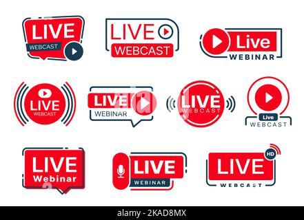 Live-Webinar, Webcast-Symbole für Online-Stream-Video oder Podcast, Vektor-Webplayer-Symbole. Live-Kanal für Webinare und Streaming-Web-Video- oder Mikrofonsymbole für Online-Vlog- oder Röhrenübertragungen Stock Vektor