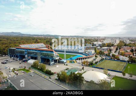 Luftaufnahme des Maksimir-Stadions, Heimat des GNK Dinamo Zagreb, am 20. Oktober 2022 in Zagreb, Kroatien. Foto: Luka Stanzl/PIXSELL Stockfoto