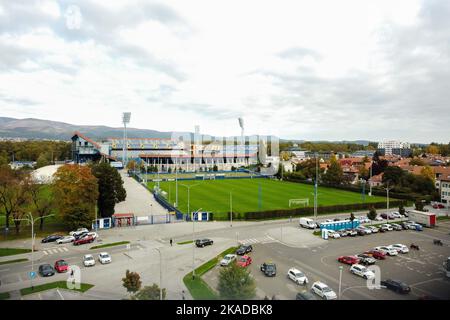 Luftaufnahme des Maksimir-Stadions, Heimat des GNK Dinamo Zagreb, am 20. Oktober 2022 in Zagreb, Kroatien. Foto: Luka Stanzl/PIXSELL Stockfoto