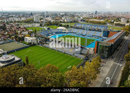 Luftaufnahme des Maksimir-Stadions, Heimat des GNK Dinamo Zagreb, am 20. Oktober 2022 in Zagreb, Kroatien. Foto: Luka Stanzl/PIXSELL Stockfoto