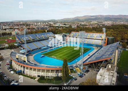 Luftaufnahme des Maksimir-Stadions, Heimat des GNK Dinamo Zagreb, am 20. Oktober 2022 in Zagreb, Kroatien. Foto: Luka Stanzl/PIXSELL Stockfoto