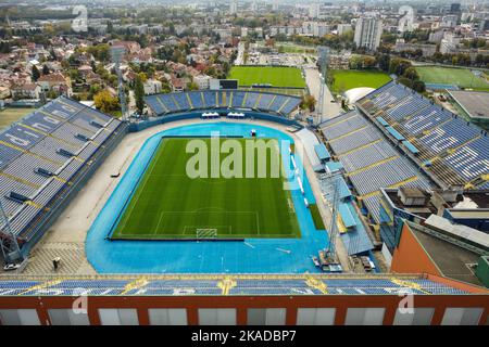 Luftaufnahme des Maksimir-Stadions, Heimat des GNK Dinamo Zagreb, am 20. Oktober 2022 in Zagreb, Kroatien. Foto: Luka Stanzl/PIXSELL Stockfoto