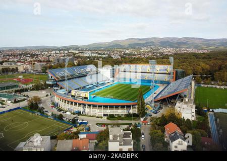 Luftaufnahme des Maksimir-Stadions, Heimat des GNK Dinamo Zagreb, am 20. Oktober 2022 in Zagreb, Kroatien. Foto: Luka Stanzl/PIXSELL Stockfoto