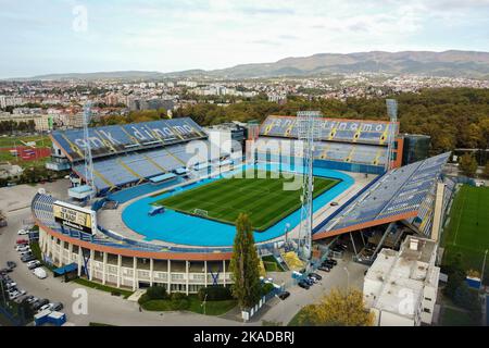 Luftaufnahme des Maksimir-Stadions, Heimat des GNK Dinamo Zagreb, am 20. Oktober 2022 in Zagreb, Kroatien. Foto: Luka Stanzl/PIXSELL Stockfoto