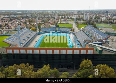 Luftaufnahme des Maksimir-Stadions, Heimat des GNK Dinamo Zagreb, am 20. Oktober 2022 in Zagreb, Kroatien. Foto: Luka Stanzl/PIXSELL Stockfoto