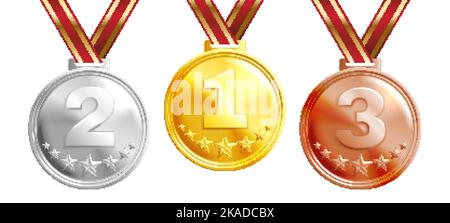 Realistische Medaille Trophäe Set aus goldenem Silber und Bronze Auszeichnungen mit roten Bändern isoliert Vektor-Illustration Stock Vektor
