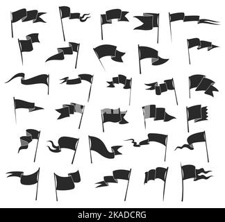 Schwarze Wimpelfahnen im Retro-Stil und Vintage-Banner. Vector Sport Wimpel, Karte Position Pins und Abenteuer Reise Camp Wimpel auf Stange winken. Isolierte monochrome Wappentier oder königliche Wimpelfahnen Stock Vektor