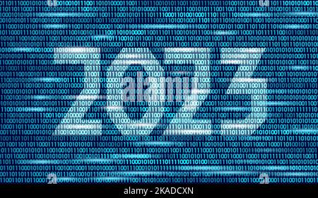 2023 Neujahr 3D auf binären Code-Programm. Abbildung mit der blauen Codierung der Bildschirmnummer. Feier Dekoration Stahl Silber Chrom Poster Grußkarte Stock Vektor
