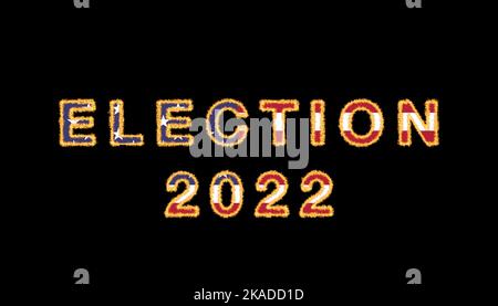 USA Election 2022 Text Flame Effect mit amerikanischer Flagge auf schwarzem Hintergrund Stockfoto