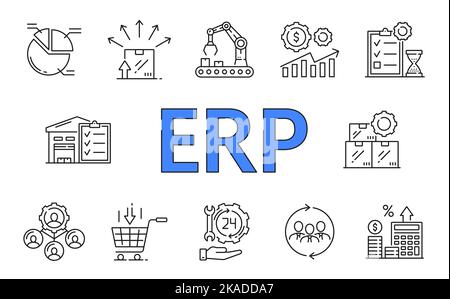 ERP. Infografiken zur Planung von Unternehmensressourcen. Symbole für Marketinglinien, Vektorsymbole für das Business-Management-System. Infografiken zu Finanzstrategie und Buchhaltung mit Schildern zu Angebot, Team und Gewinn Stock Vektor