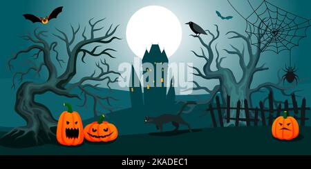 Halloween-Nacht gruselige Landschaft mit gruseligen Bäumen schwarze Katze Kürbisse alte Burg und Vollmond im Hintergrund flache Vektor-Illustration Stock Vektor