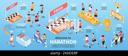 Isometric Marathon Infografiken mit Menschen laufen von Anfang bis Ende Vektorgrafik Stock Vektor