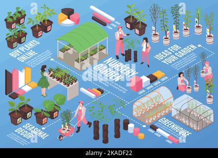 Isometrische Baumschule Garten Flussdiagramm mit Pflanzen wachsen und verkaufen Vektor-Illustration Stock Vektor