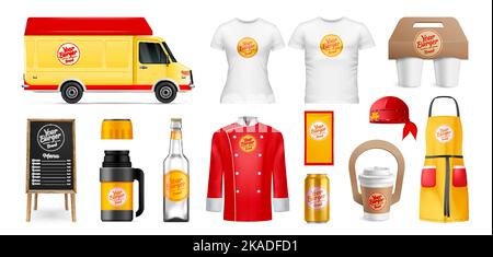 Realistische Corporate Identity Fast-Food-Restaurant Mockup mit Verpackungsvorlagen einheitliche van isoliert Vektor-Illustration gesetzt Stock Vektor
