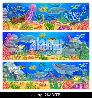 Cartoon Unterwasser Landschaft Banner. Weltmeere Tag, Umwelt. Vektor Meeresboden, versunkenes Schiff, Wal, Schildkröte, Fischschwärme, Tropische Korallen und Algen Pflanzen. „Save the Ocean“-Promo Stock Vektor