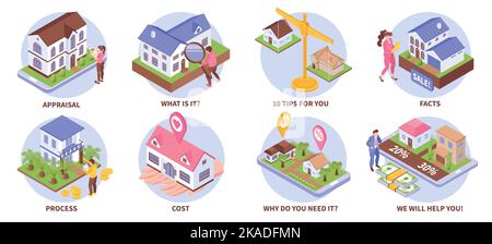 Immobilien-Bewertung isometrische Zusammensetzung mit Haus Vergleich und Wohnung Kosten Symbole isoliert Vektor-Illustration gesetzt Stock Vektor