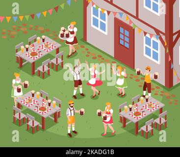 Isometrisches Oktoberfest-Festivalkonzept mit glücklichen Menschen in nationalen deutschen Kostümen Vektor-Illustration Stock Vektor