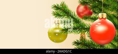 Weihnachtsbanner mit Tannenzweigen, gelben und roten Kugeln. Speicherplatz kopieren. 3D realistische Darstellung auf hellem Hintergrundvektor Stock Vektor