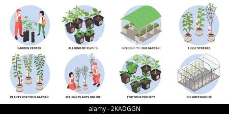 Isometrische Baumschule Garten Symbole mit Gärtnern und Pflanzen in Gewächshaus isoliert Vektor-Illustration gesetzt Stock Vektor