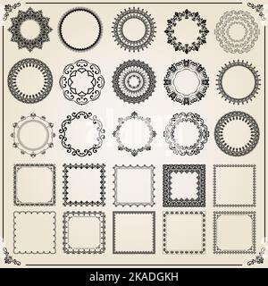 Vintage-Satz von Vektorelementen. Verschiedene quadratische Elemente für Dekorations- und Designrahmen, Karten, Menüs, Hintergründe und Monogramme. Klassische Muster. Set von Vintage-schwarzen Mustern Stock Vektor