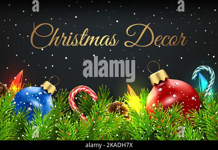 Weihnachtliche Zierleiste aus Tannenzweigen mit Spielzeug, Girlanden, Zuckerstöcken, Zapfen. Mit fallendem Schnee. Auf einem dunklen Hintergrund. 3D realistische Illust Stock Vektor