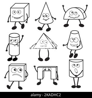 Charaktere, bunte dreidimensionale geometrische Formen von kawaii, schwarze Umrisse, Doodle-Stil, Kinder-Illustration. Stock Vektor
